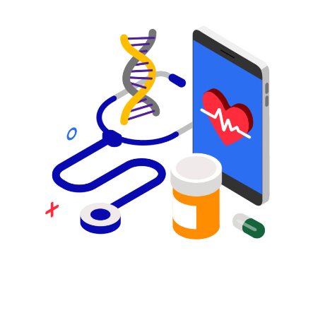 Illustration of a smartphone showing a beating heart on its screen, a DNA chain, a pill bottle and a stethoscope.