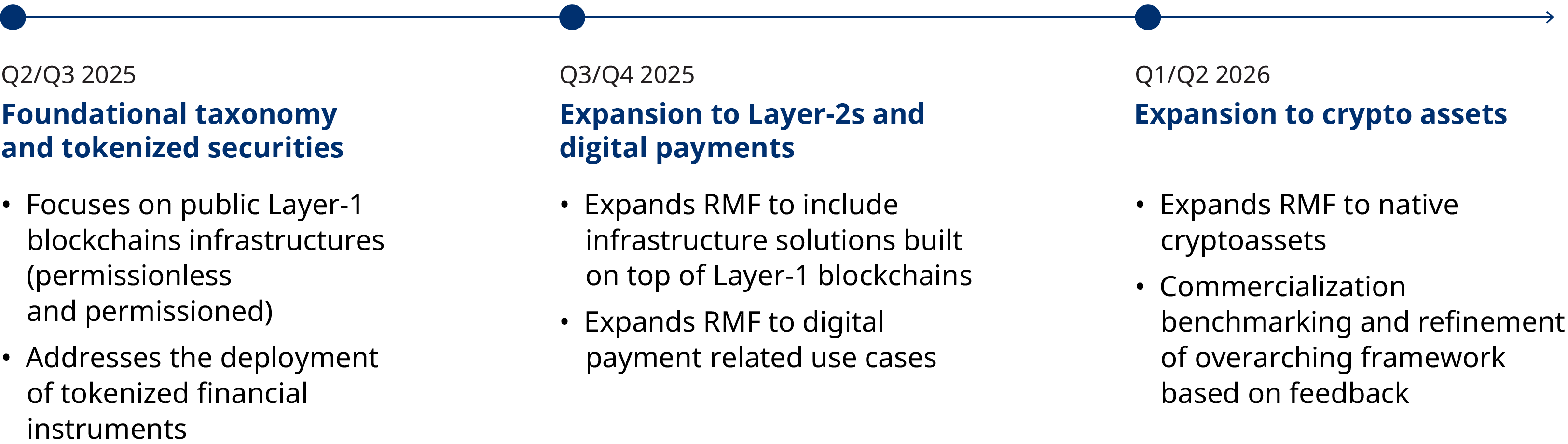 Timeline depicting phased blockchain risk framework, outlining progressive stages from initial design to multi-asset implementation.