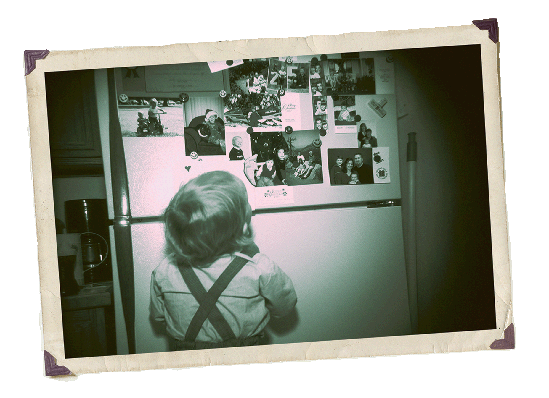 main cover picture of a boy looking at picture on fridge